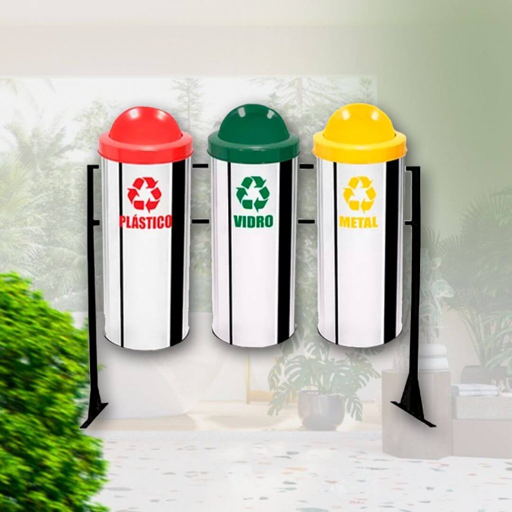Conjunto 3 Lixeiras Aço Inox Coleta Seletiva com Suporte