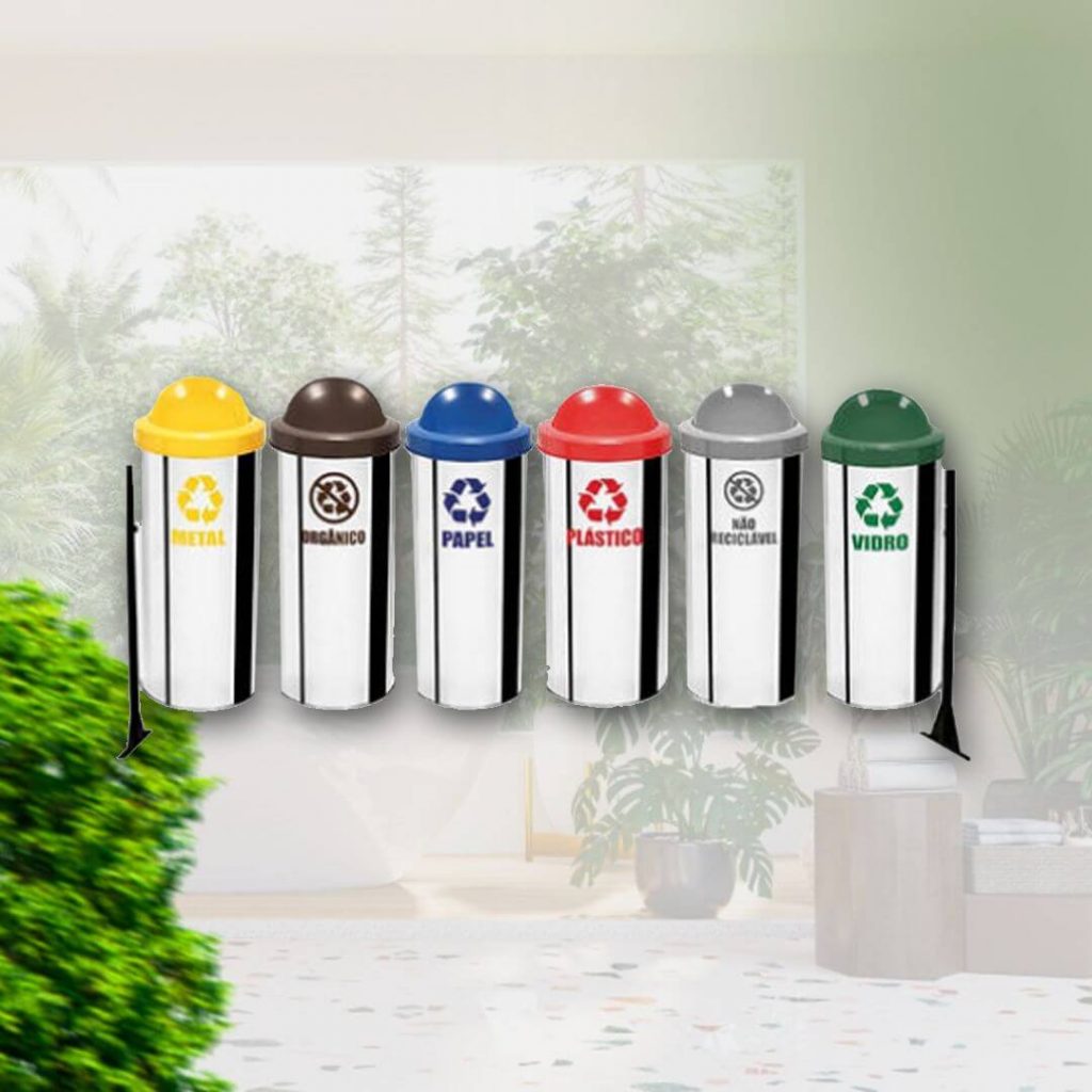 Conjunto 6 Lixeiras Aço Inox Coleta Seletiva com Suporte